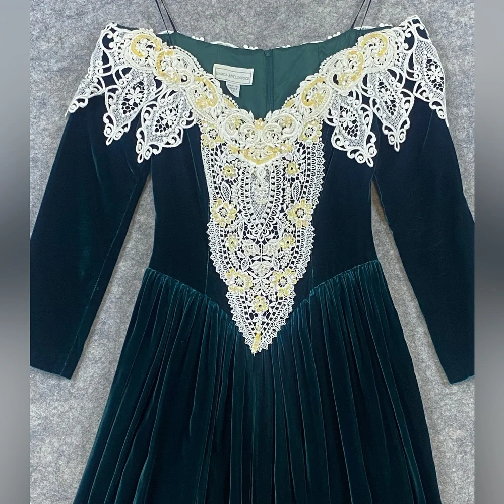 Jessica McClintok Vintage Velvet Lace‎ and Beaded Dress 4 Green 80’s Petticoat - Picture 2 of 12